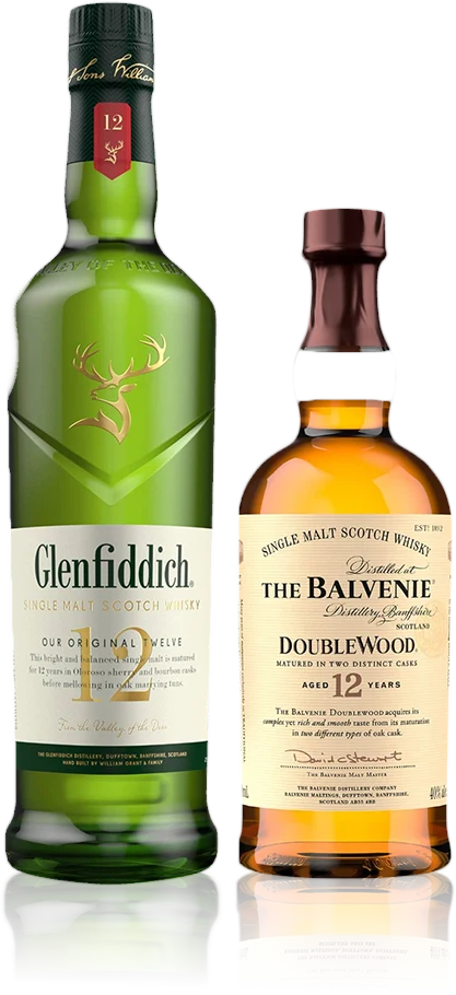 Bottles of Glenfiddich 12 and The Balvenie DoubleWood 12